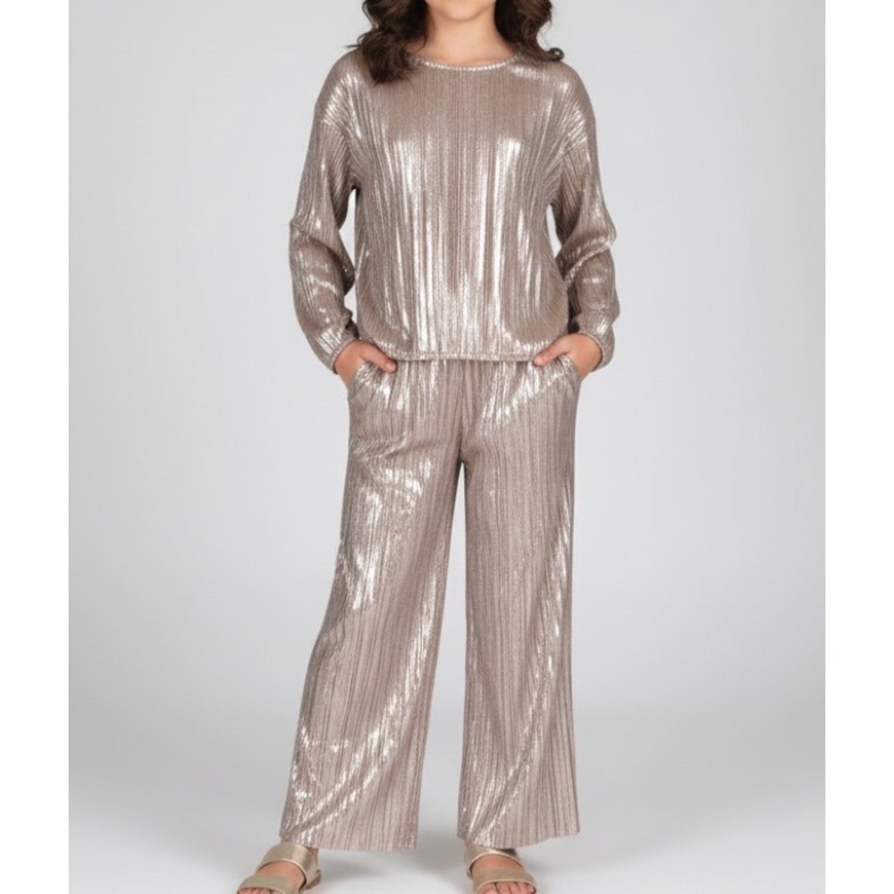 NWT COPPER KEY Shiny Silver PLEATED Party Christmas OUTFIT SET Pants/Top L 12/14